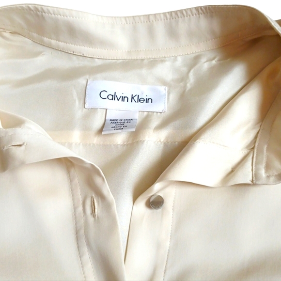 Calvin Klein Silk Ivory Button Down Long Sleeve Shirt with Band Collar Medium - Picture 9 of 10